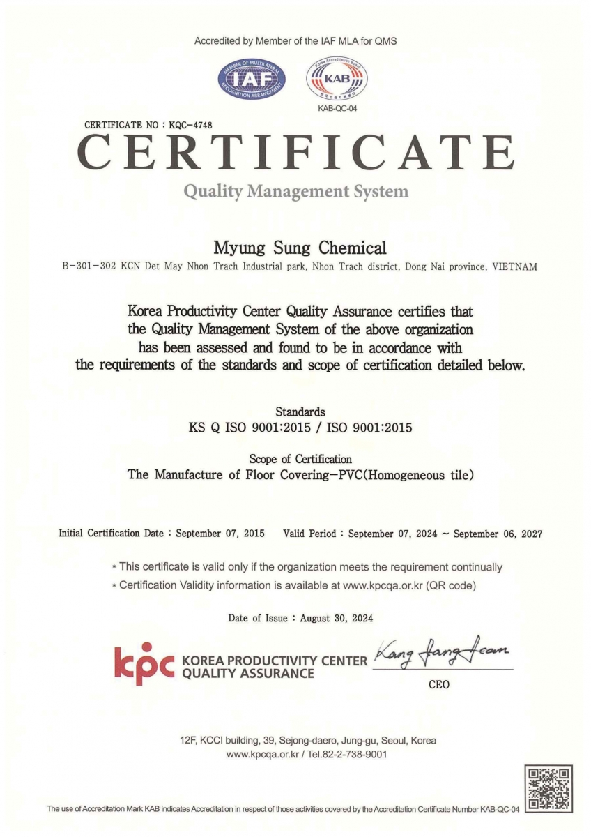 Chứng nhận ISO Bạt Myungssung 9001:2015 